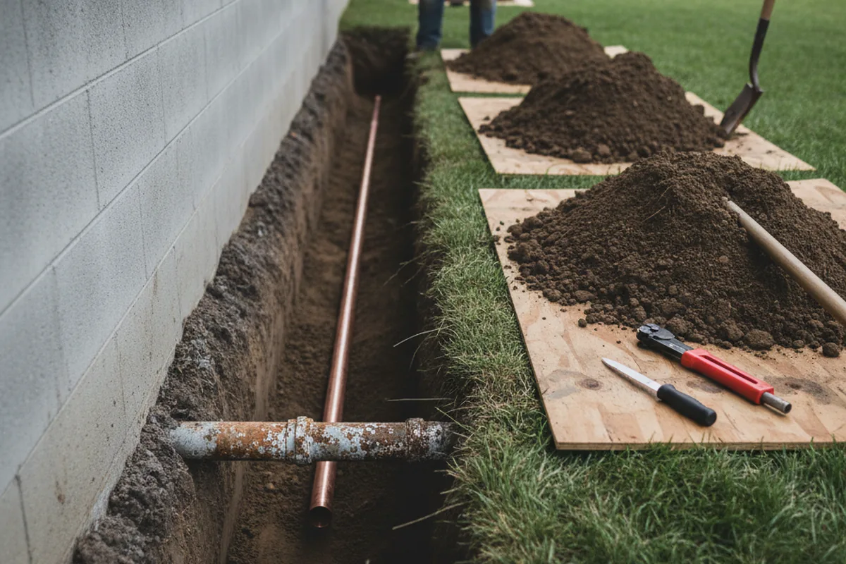Excavated water line trench during Sewer Line Repair in Andersonville